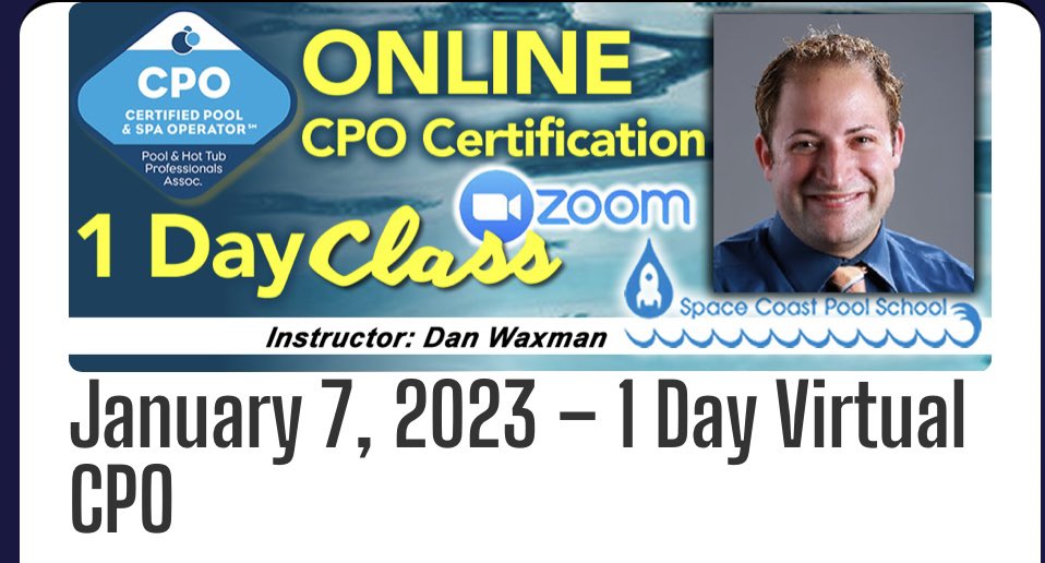 talkaboutpools's tweet photo. Upcoming virtual Certified Pool Operator CPO Courses in the new year 2023!!

Spanish CPO course virtual 1/21/2023!!!

Register here 

https://t.co/6APNijt7CE https://t.co/WpYydbgPMp