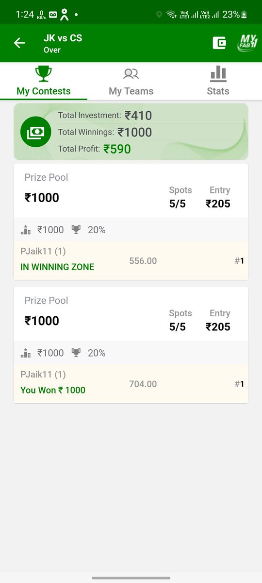 PrashantJaik's tweet photo. @SidCricinformer @MyFab11Official 

When we won two contests, why did we get the money for only one contest?

When will this  problem be resolved?
CLS vs JKS 2nd inning contest 

CLS vs JKS

Thanks and regards

PJaik11 https://t.co/IpeMrF8Q9y