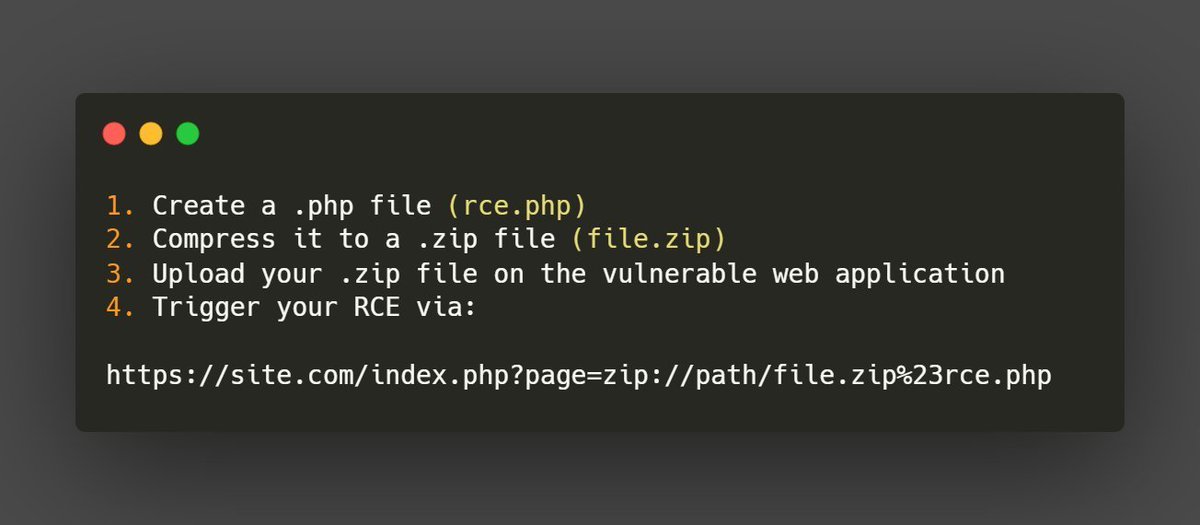 aacle_'s tweet image. If a web application allow you to upload a .zip file, zip:// is an interesting PHP wrapper to turn a LFI into a RCE.
#BugBounty #BugBountyTips #InfoSec