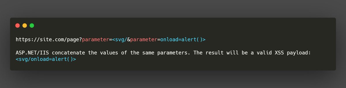 aacle_'s tweet image. An interesting trick: you can bypass a WAF during a XSS attack on ASP(dot)NET/IIS technology by using a HTTP parameter pollution attack. 

#BugBounty #BugBountyTips #InfoSec 

(Credit to Acunetix)
Full article: acunetix.com/blog/whitepape…
