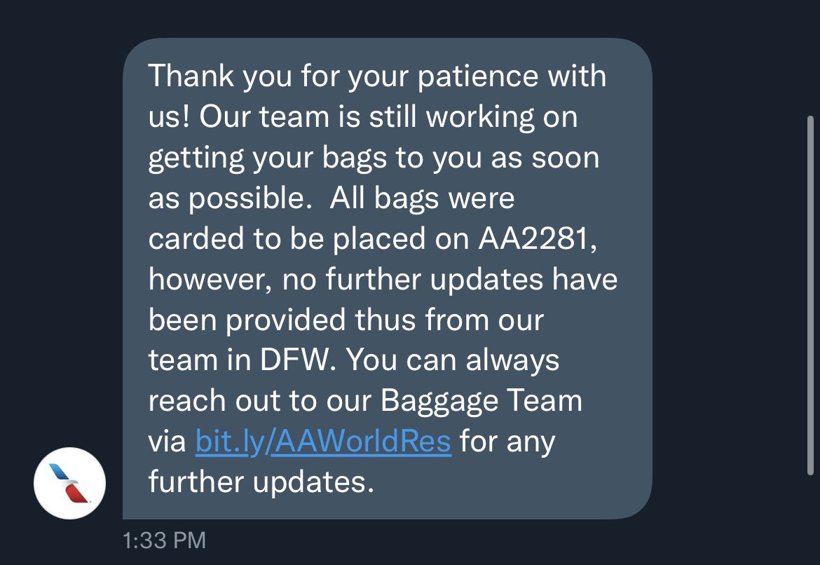 ktmoorektmoore's tweet photo. @AmericanAir @WaifuStaff @AmericanAir @jackiebaughmo according to their DM our bags should be on the flight to SAT that left at 5:30! My tracking says they aren’t, but this is what @AmericanAir said!!! Fingers crossed y’all https://t.co/SgXapavUX9