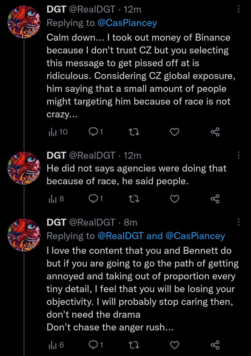 RealDGT's tweet photo. @BennettTomlin My answer to Cas, you both can do better. 
Cas answer was "Feel free to Unfollow" or something similar. 
Disappointing...
You are the Crypto Critics' Corner guys, one of my favourite channel but focusing the race thing when he is not specifying agencies, it is just sad. https://t.co/FWRrsmsHA7