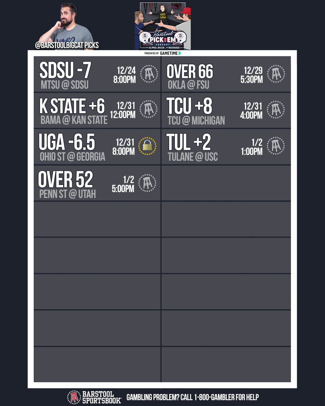 Barstool Pick Em on Twitter ".BarstoolBigCat bowl card https//t.co