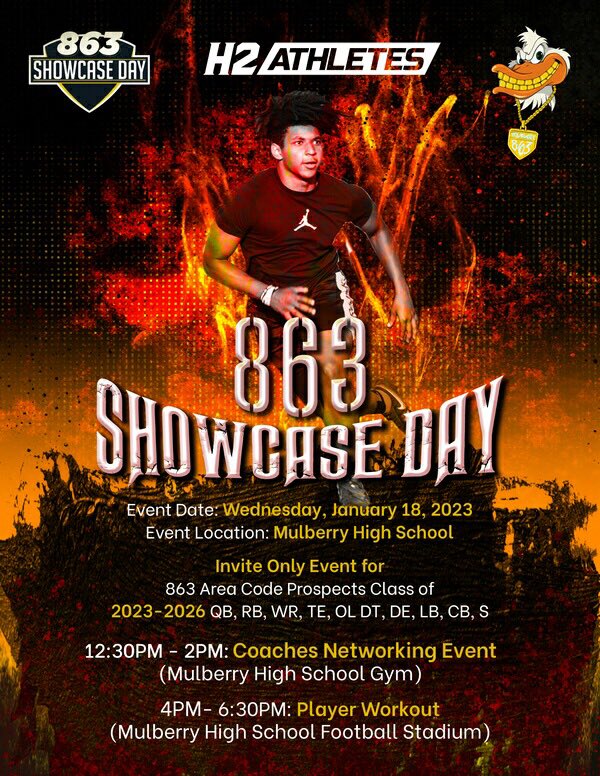 Uncommitted Seniors. 
Top Underclassmen.
The Best of the 863 Market in One Location.
College Coaches Invited to Attend.

Wednesday, January 18, 2023.
Mulberry High School.

🔥🏈📸📹🎞️
#863Showcase