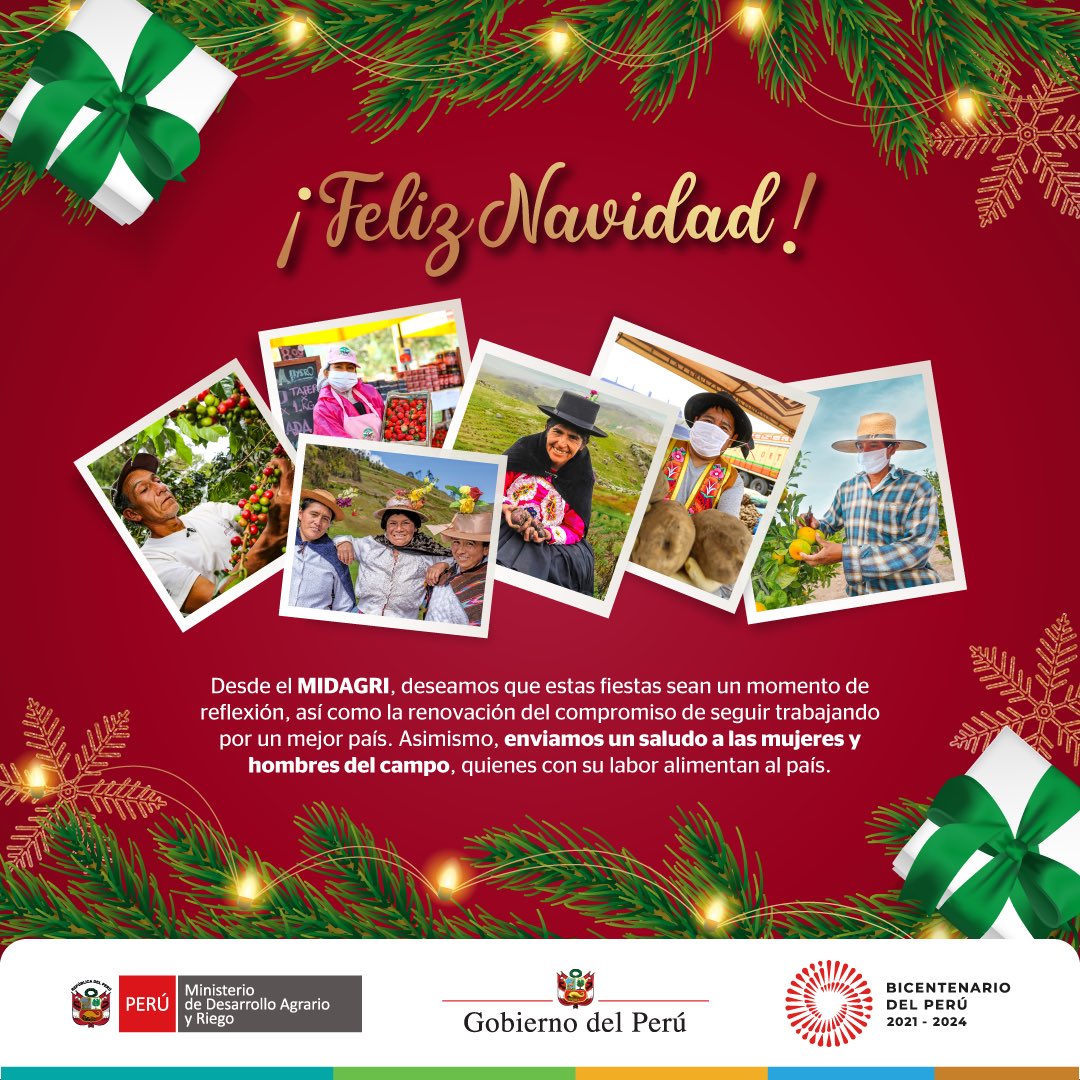 midagriperu's tweet image. 🎄Desde el MIDAGRI, les deseamos una Feliz Navidad a todas las familias peruanas, y que este día sea de reflexión y paz. De igual forma, enviamos un saludo a las mujeres y hombres del campo, a quienes reconocemos el esfuerzo que realizan para alimentar nuestro país.  👩‍🌾 👨‍🌾