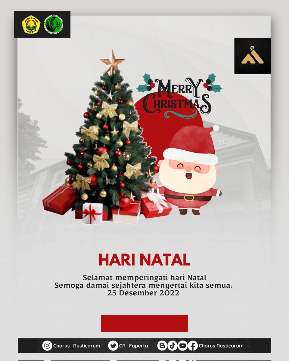 cr_faperta's tweet photo. [HARI NATAL 2022]

Melody! CR!
Keluarga besar Chorus Rusticarum mengucapkan selamat memperingati Hari Natal bagi umat kristiani pada 25 Desember 2022. Semoga di Hari Natal ini diberkati dengan damai, sukacita, dan  kebahagiaan. https://t.co/WZLQXuWXAZ