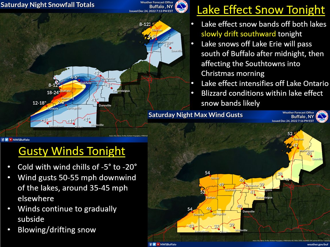 Updated forecast for additional snowfall accumulations and wind gusts for tonight.

Heavy lake effect snow with blizzard conditions continues northeast of the lakes tonight. The lake effect bands will not be stationary, but instead slowly drift southward overnight.