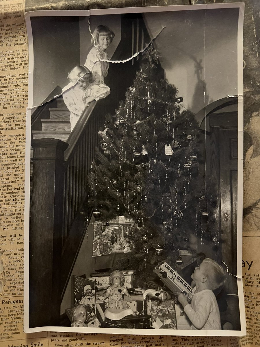 drmeljspring's tweet photo. @TheGlobeEvents this is my mom, her twin, and their younger brother on Christmas Eve in 1956.  We would be so grateful for another copy as our only copies have suffered the years. Our grandmother was an employee in the 50s. https://t.co/G4W0HBUDbj