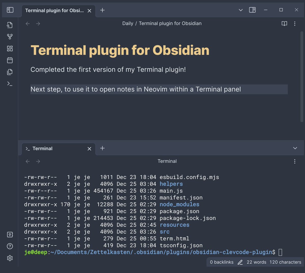 Just made a Terminal plugin for Obsidian <a href="/obsdmd/">Obsidian</a> 

Obsidian is an excellent tool for PKM / Personal Knowledge Management using strategies such as PARA / Building a Second Brain by <a href="/fortelabs/">Tiago Forte</a> and Zettelkasten

Plan to use it to open the current note in Neovim :D

#PKM #PARA #BASB