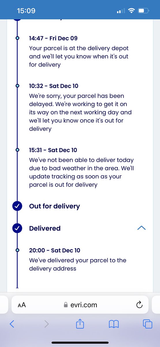 RummanaE's tweet photo. @UKSkeptic @EVRi_Delivery @BBCWatchdog Same! How can it go from ‘we’ve not been able to deliver today’ to then miraculously update it today and say it was delivered on that very same day!!! Kept checking and it said delayed all this time… and checked again today and it showed this 🙃🙃🙃🙃🙃🙃 https://t.co/JtKCxI8xwf