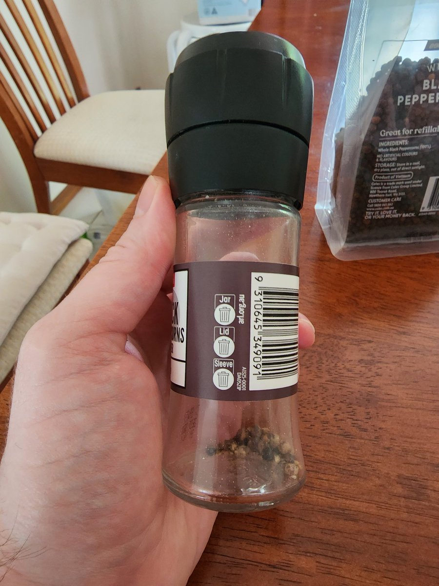 Matalishe's tweet photo. Hey @Coles,

Please can you reconsider the design of your pepper grinder container. Not only is it not reuseable (which it should be), but by making it so the lid can't be taken off it means it's also not recyclable. https://t.co/3bItrFoPJY