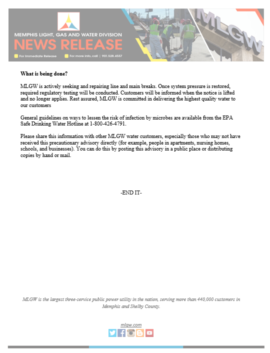 MLGW Issues Updated Precautionary Boil Water Advisory to all MLGW Water Customers. #MLGW #MLGWNews #ServingYouIsWhatWeDo