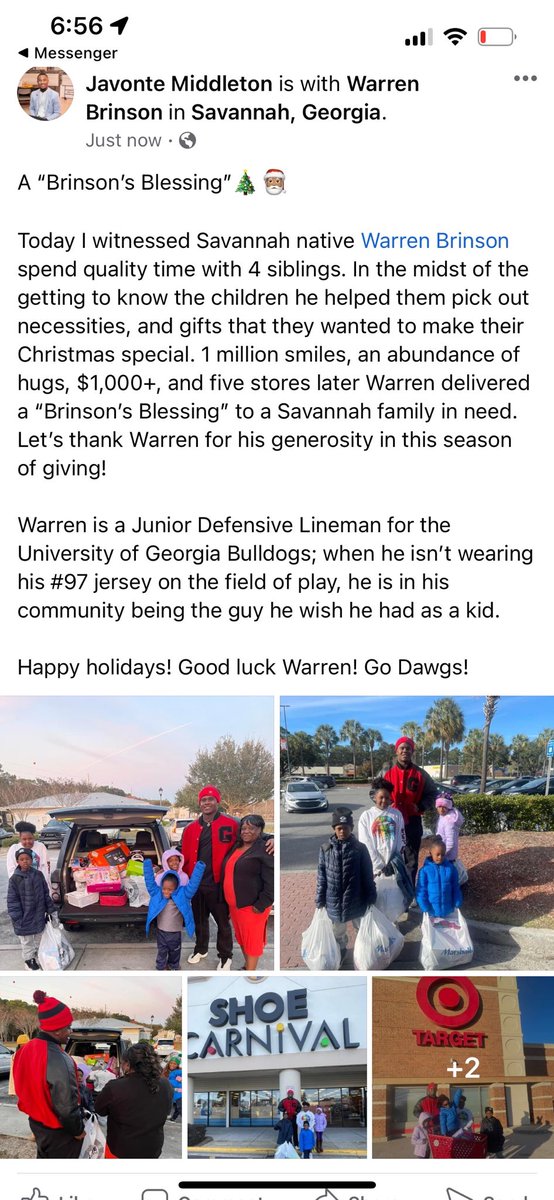 Javonte Middleton posted on Facebook today about his close friend ⁦@warrenbrinson17⁩, the UGA dlineman & Savannah native who is giving back to his hometown. Kudos to Brinson, who made it a special Christmas for a Savannah family today ⁦@UGAAthletics⁩
