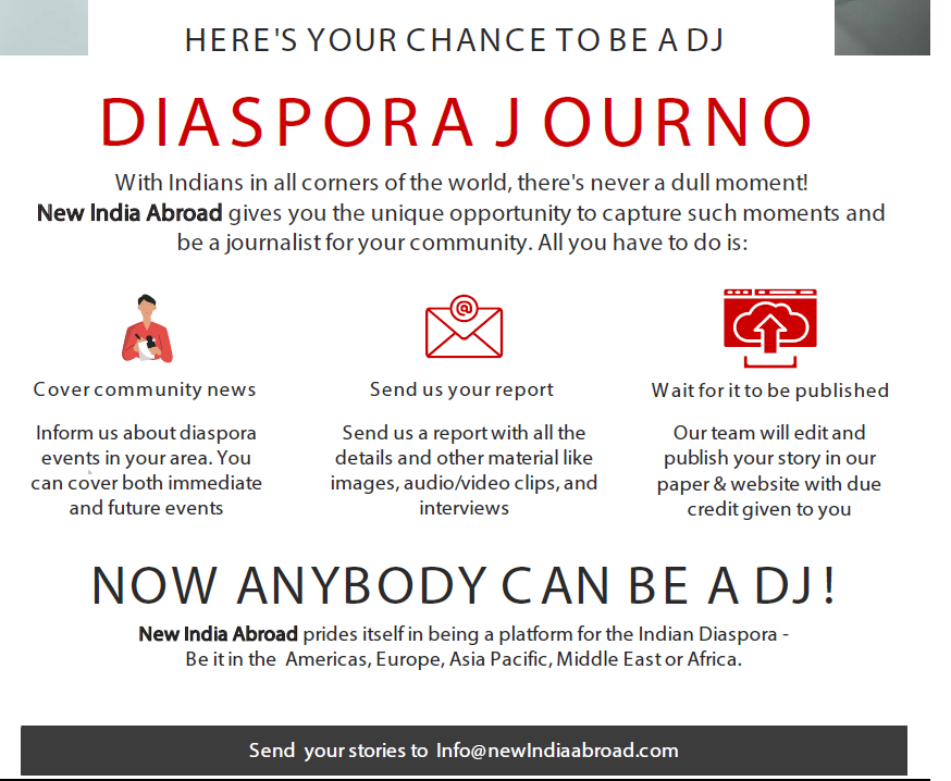 IndiaAbroad_'s tweet image. Here is your chance to be a DJ. Diaspora Journo. Send email to info@NewIndiaAbroad.Com @NewIndiaAbroad, #IndianAmericans #GlobalIndians #IndianDiaspora #NRIs #OverseasIndians #Communitynews #DiasporaJourno #CitizenJournalism