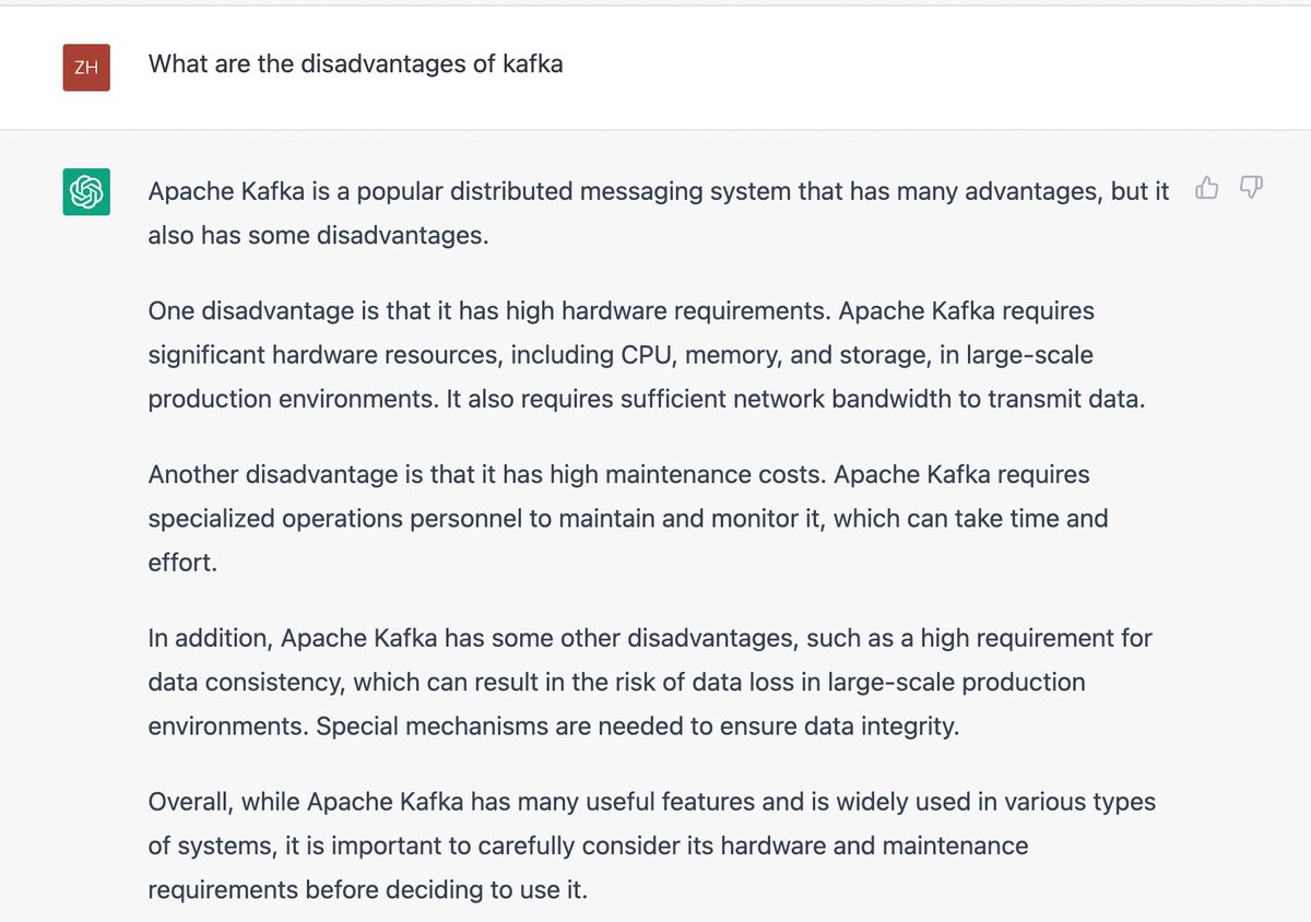 Do you think the answer to "What are the disadvantages of Kafka by ChatGPT" is reasonable?