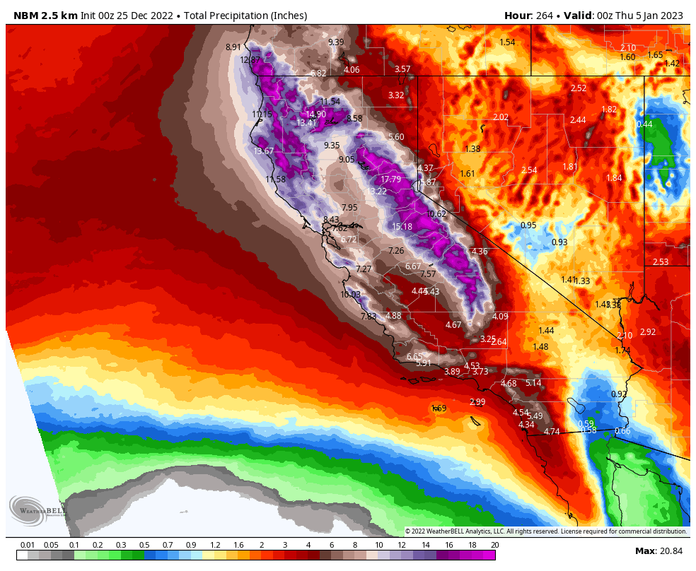 Some of the latest model runs are forecasting one of the wettest 10-day periods I have seen in years across California.

The potential is off the charts for huge precipitation amounts, with a strong Pacific jet stream steering multiple atmospheric rivers into the state.