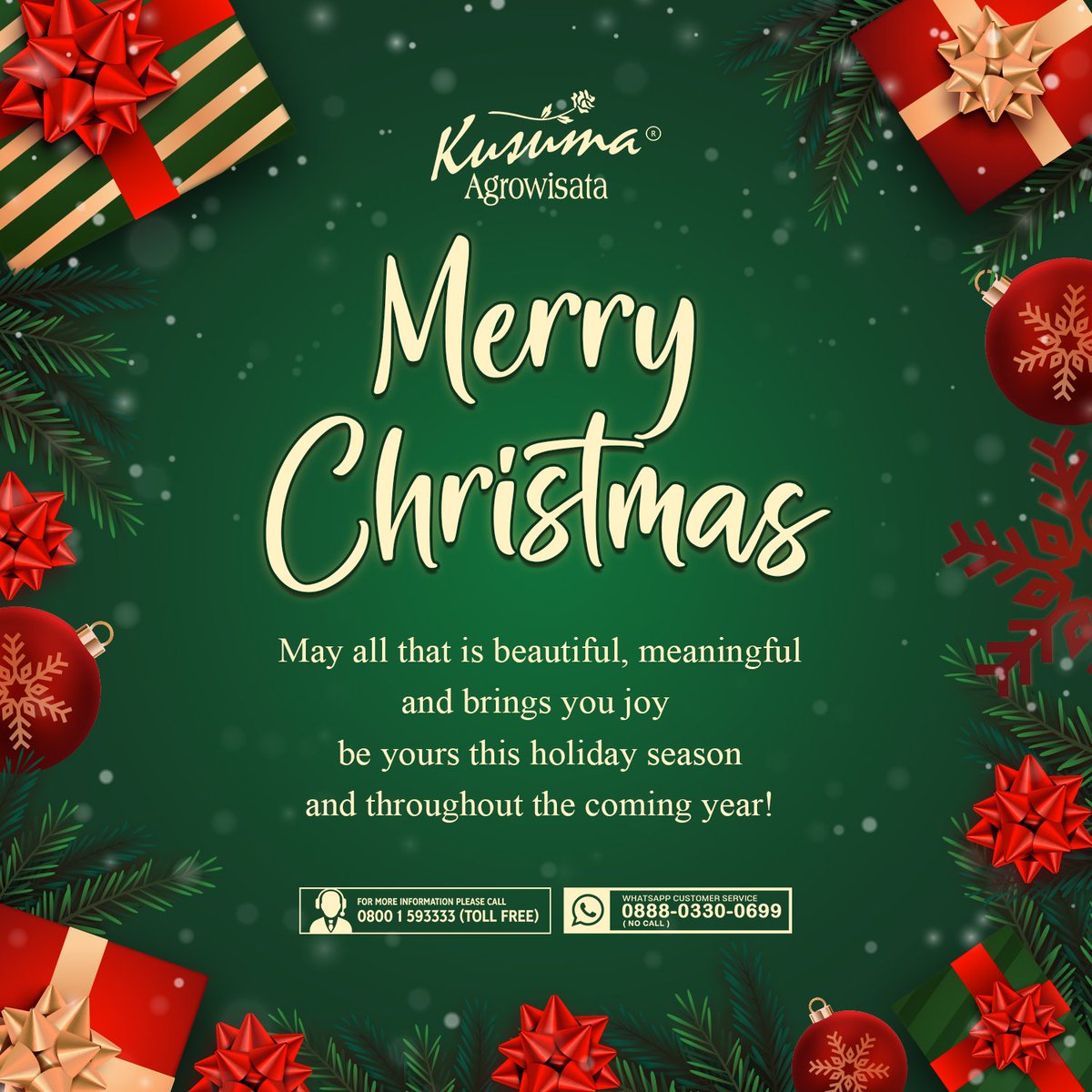 "May all that is beautiful, meaningful and brings you joy be yours this holiday season and throughout the coming year!"
.
#selamagtharinatal 
#kusumaagrowisata 
#christmas 
#holiday