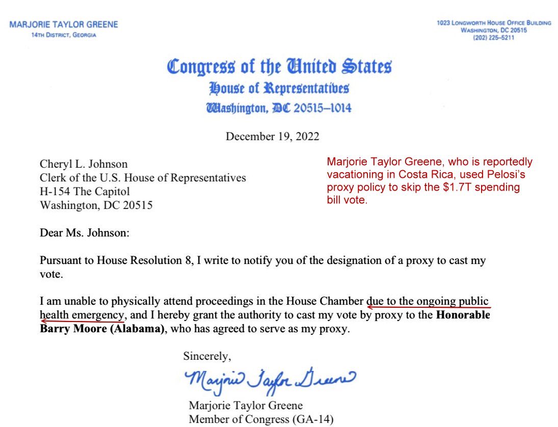 bedeez's tweet image. Thoughts and prayers for #MarjorieTaylorGreene as she shelters from the ongoing ‘health crisis’ in DC by going to Costa Rica rather than staying here to vote- after railing against others using proxy voting. #hypocrisy