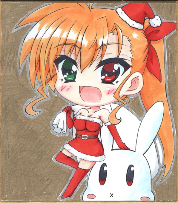 #リリカルエロサンタ部ヴィヴィオちゃんでメリークリスマス(≧▽≦)!エロでもないしなんならサーチバンだしですが参加することが大事だからという感じで今年も描きましたw(; ・`д・')スキャンなのでわかりずらいですが背景は全部金色のゴージャス仕様ですw 