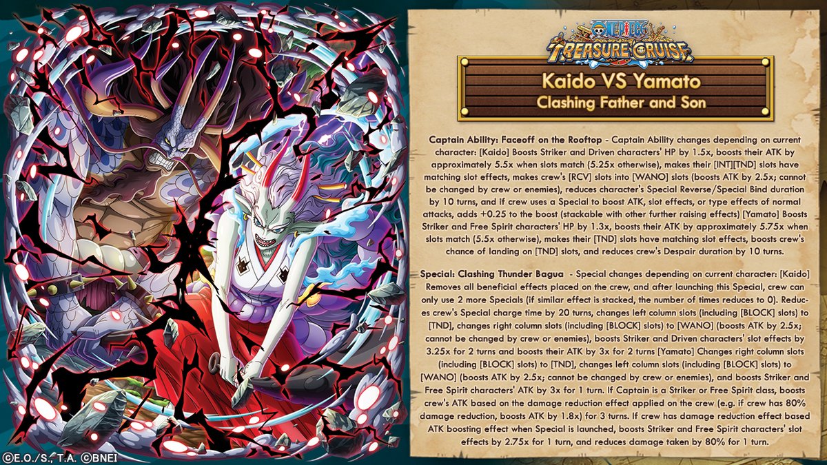 ONE_PIECE_TC's tweet photo. New Character Info! 

Kaido VS Yamato - Clashing Father and Son

(1/2)

#OPTC https://t.co/X4uNQ3xaFs