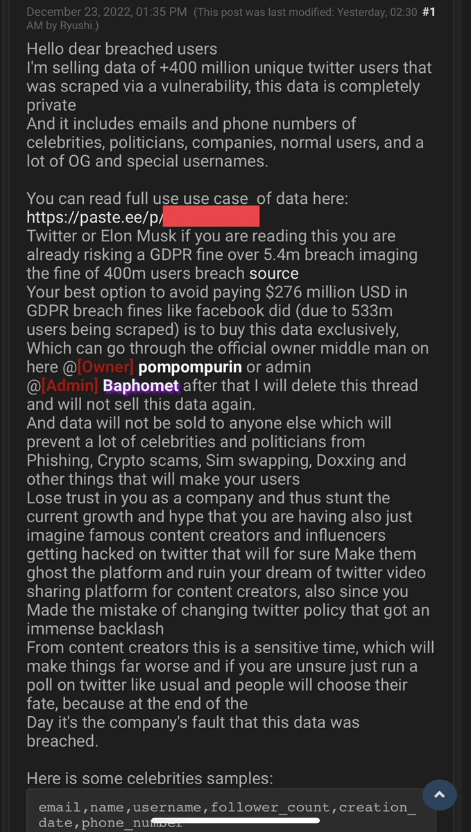 troyhunt's tweet image. Alleged breach of 400M+ Twitter accounts. Legitimacy isn’t yet clear, but the aggressive, threatening wording is unmistakable. Of course Twitter will never pay, so let’s see what happens next.
