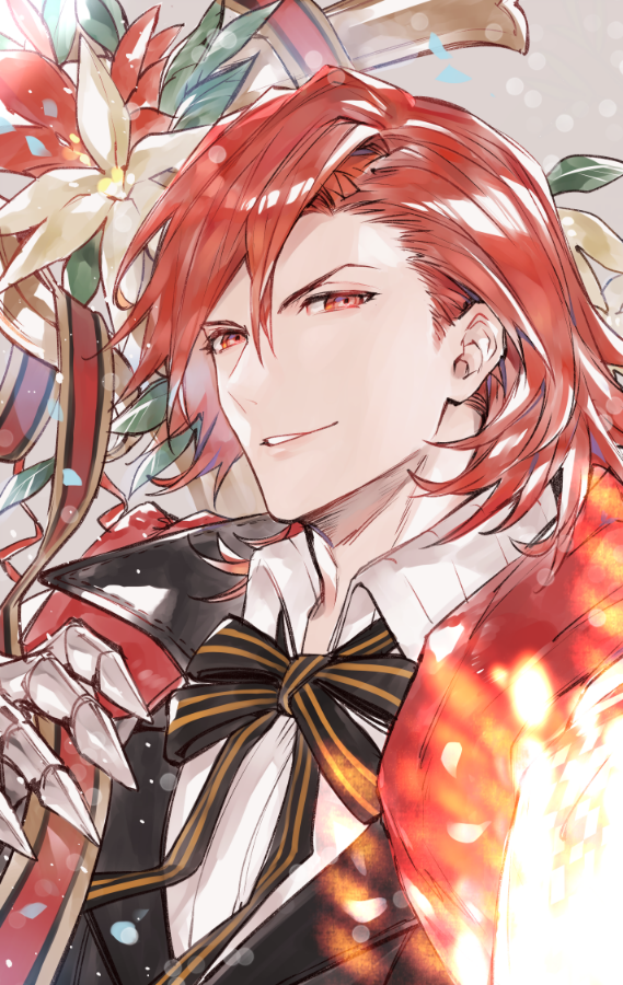 1boy red hair male focus red eyes flower solo smile  illustration images