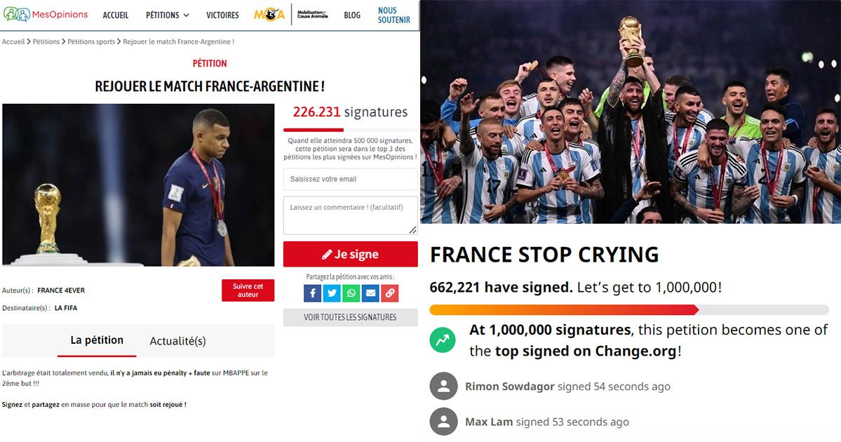 French petition to replay 2022 World Cup final gets 225,000 signatures, Argentinian petition for France to stop crying gets 662,000 signatures bit.ly/3GdGmuL