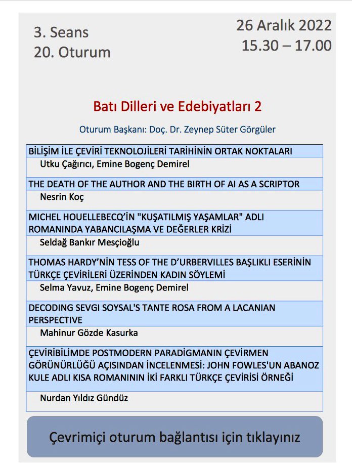 abanukaradag's tweet photo. Sosyal Bilimler Enstitümüz tarafından düzenlenen 🌟9. Yıldız Uluslararası Sosyal Bilimler Kongresi🌟. Batı Dilleri ve Edebiyatları oturumlarımıza bekleriz✨. Enstitümüze, emeği geçen herkese sonsuz teşekkürler 🤩🙏🤩. @ytubde @YTUSBE @YtuFedFkl #EğitimdeLiderYTÜ #ArGedeLiderYTÜ https://t.co/k4KFDM3Om8