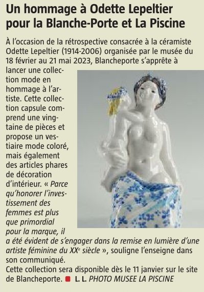 Comme un cadeau de Noël pour le <a href="/MuseeLaPiscine/">La Piscine</a> : la société <a href="/blanche_porte/">Blancheporte</a> va lancer une collection mode en l'honneur de l'artiste Odette Lepeltier 
 Via <a href="/lavoixdunord/">La Voix du Nord</a>