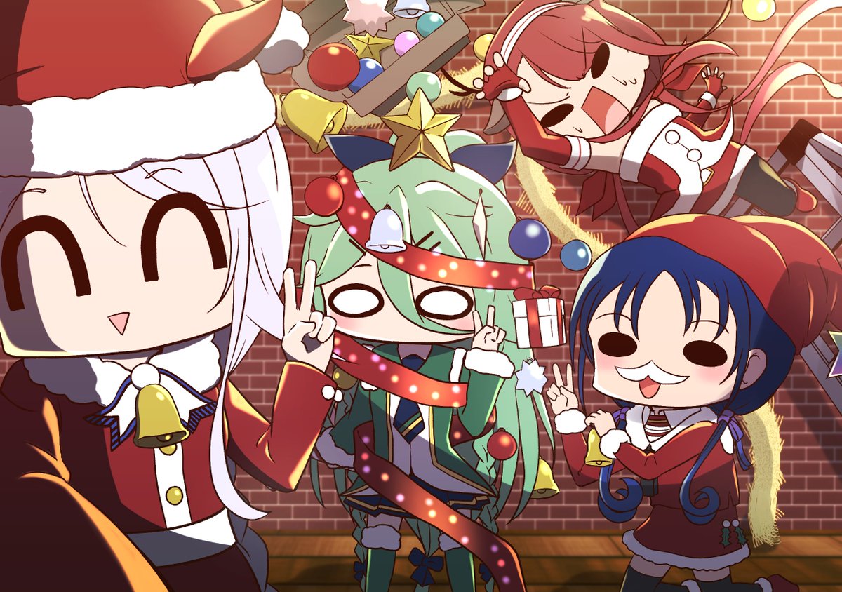 kawakaze (kancolle) ,suzukaze (kancolle) ,umikaze (kancolle) ,yamakaze (kancolle) multiple girls long hair santa hat green hair hat twintails santa costume  illustration images