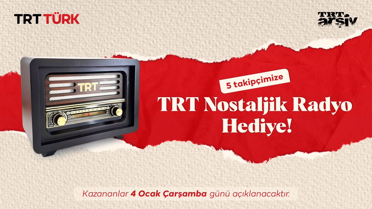 5 Takipçimize TRT Nostaljik Radyo Hediye 🎁 📻

Çekilişe katılmak için;

📌<a href="/trtturk/">TRT TÜRK</a> ve <a href="/trtarsiv/">TRT Arşiv</a> hesaplarını takip et.
📌Hangi şehirden katıldığını yaz. 
📌Gönderiye 3 arkadaşını etiketle.

📢Kazananlar 4 Ocak Çarşamba günü açıklanacaktır.