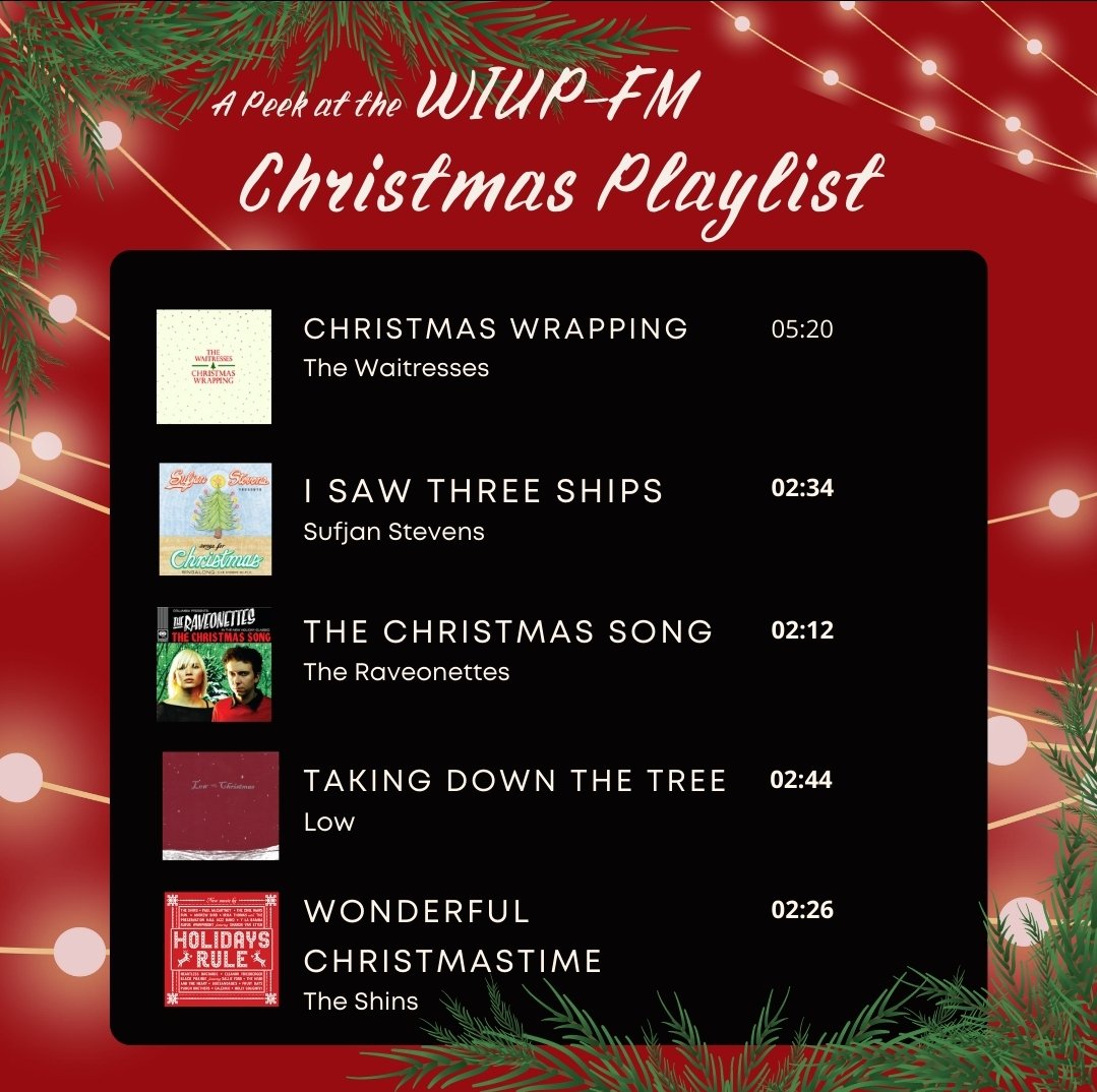 WIUPFM901's tweet photo. Our gift to you has arrived: the WIUP-FM Christmas playlist!! Link to the full setlist on Spotify is below. Happy Holidays, everyoneπβοΈβοΈ
https://t.co/XWjCHHPZf5
#wiup #wiupfm #collegeradio https://t.co/1NVgp1MKNG