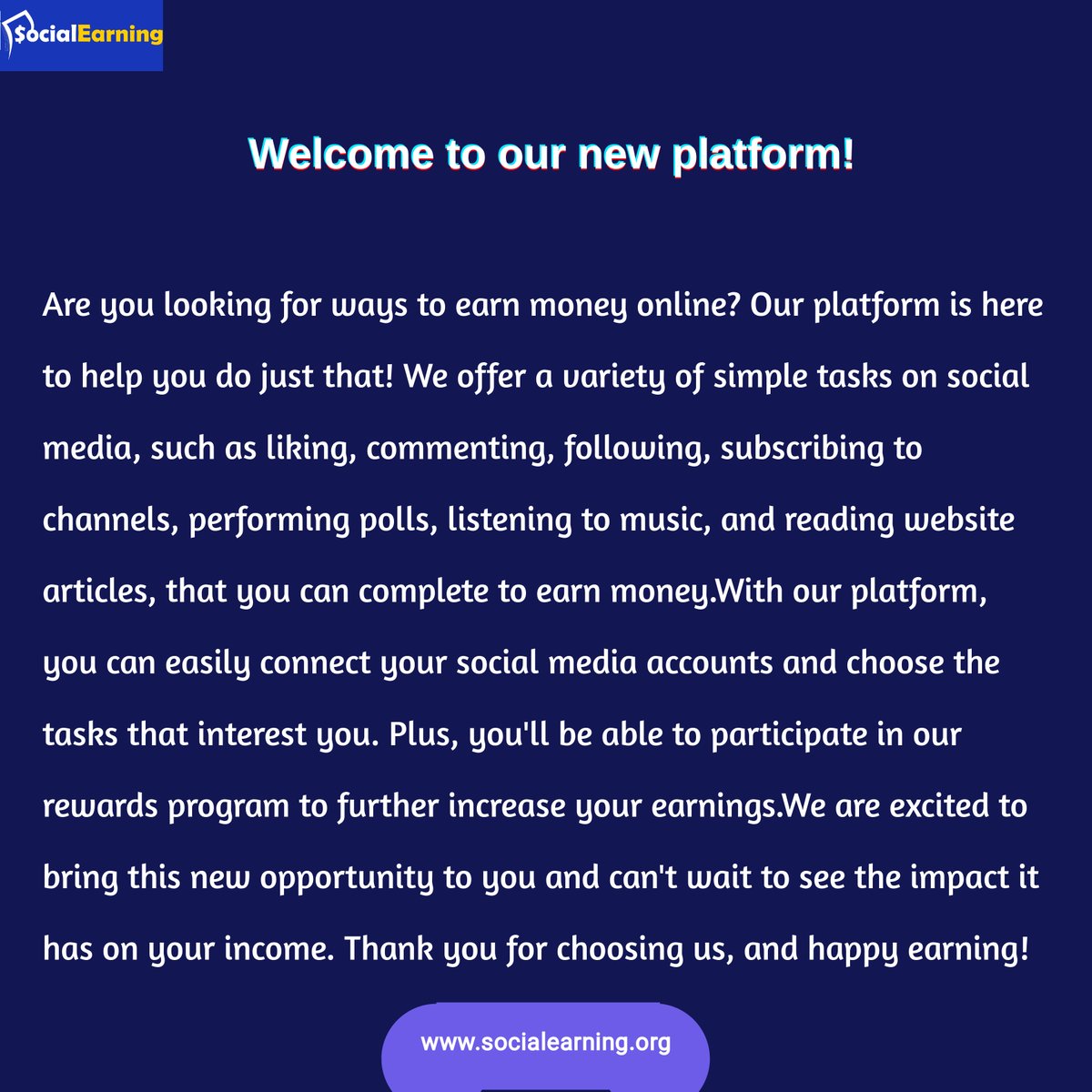 SocialEarning (MRIFNOC) (@social_earning) on Twitter photo Welcome to our new platform!
Are you looking for ways to earn money online?
We are excited to bring this new opportunity to you and can't wait to see the impact it has on your income. Thank you for choosing us, and happy earning! <a href="/Social_Earning/">SocialEarning (MRIFNOC)</a> socialearning.org Welcome to our new platform!
Are you looking for ways to earn money online?
We are excited to bring this new opportunity to you and can't wait to see the impact it has on your income. Thank you for choosing us, and happy earning! <a href="/Social_Earning/">SocialEarning (MRIFNOC)</a> socialearning.org