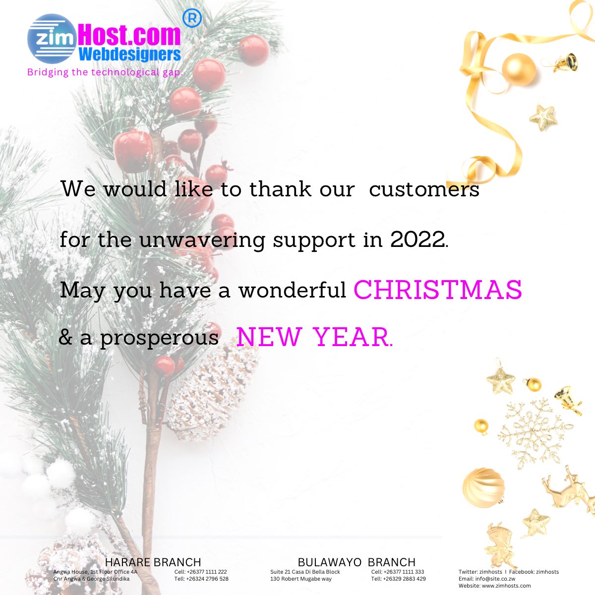 zimhosts's tweet photo. To our Valued Clients, Zimhosts WebDesigners wishes you a wonderful Christmas and a prosperous New Year!

#zimhosts #zimhostswebdesigners #hosting #webhosting #webdesigner #MerryChristmas #hostingcompany #Christmas https://t.co/m00emUoNzh