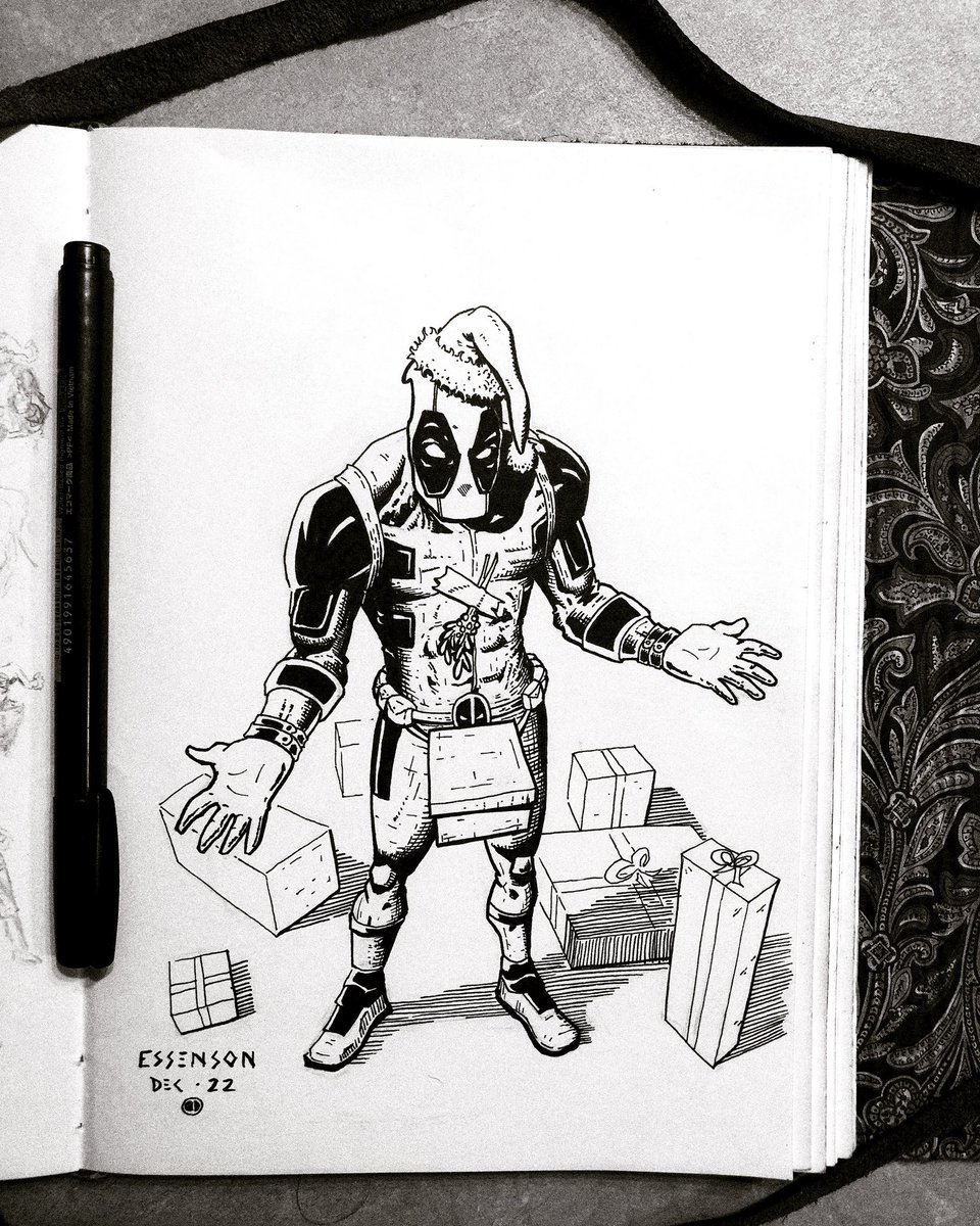 PEssenson's tweet photo. Merry Christmas! #christmas #deadpool #ArtOfTheDay #comicart #ink #inked #lineart #MarvelComics #Deadpool3 #RyanReynolds #comics https://t.co/0xiE9xGwps