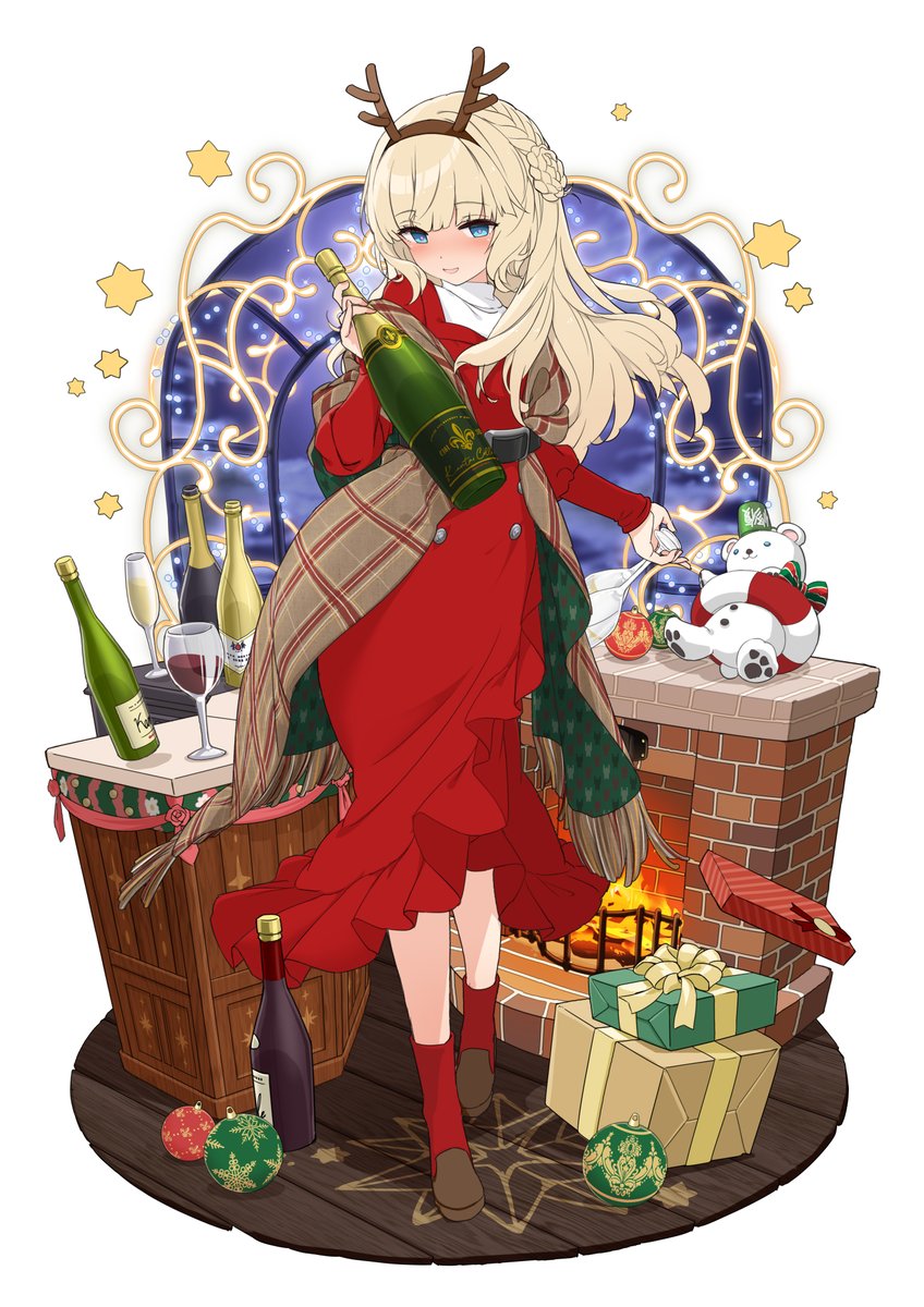 1girl bottle dress long hair red dress blonde hair christmas  illustration images