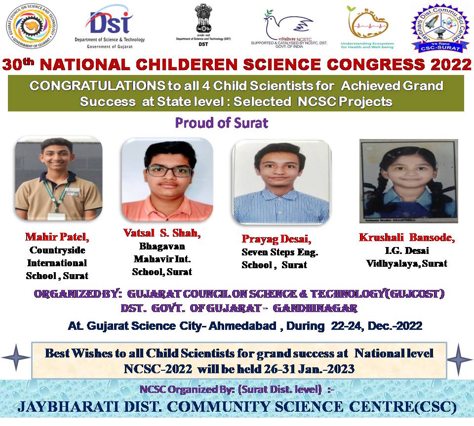 CSCSurat's tweet photo. Proud of surat: Congratulation for achieved grand success in state level #ncsc2022 4 projects selected out total 28 selected &amp; 330 presented, Best wishes to all for success at national level #ncsc2022 @dstGujarat @narottamsahoo @InfoGujcost @vnehra @collectorsurat https://t.co/xHgpvRRDT7