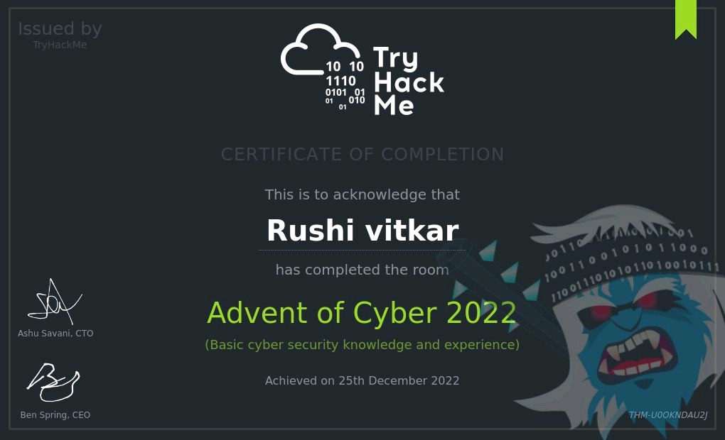 RushiVitkar21's tweet photo. Completed Advent of Cyber 4 2022 from @tryhackme || DAY 24 |

@tryhackme ADVENT OF CYBER 4 2022 END ||

#tryhackme #hackme
#certificate https://t.co/VP1M793AbW
