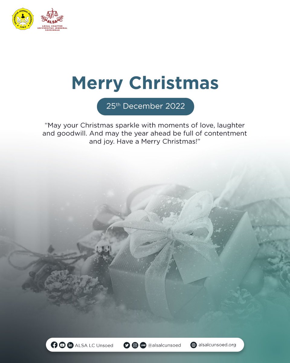 Hello ALSAians!

ALSA LC Unsoed would like to wish you a Merry Christmas. May your Christmas sparkle with moments of love, laughter and goodwill. And may the year ahead be full of contentment and joy. 

ALSA, Always Be One!