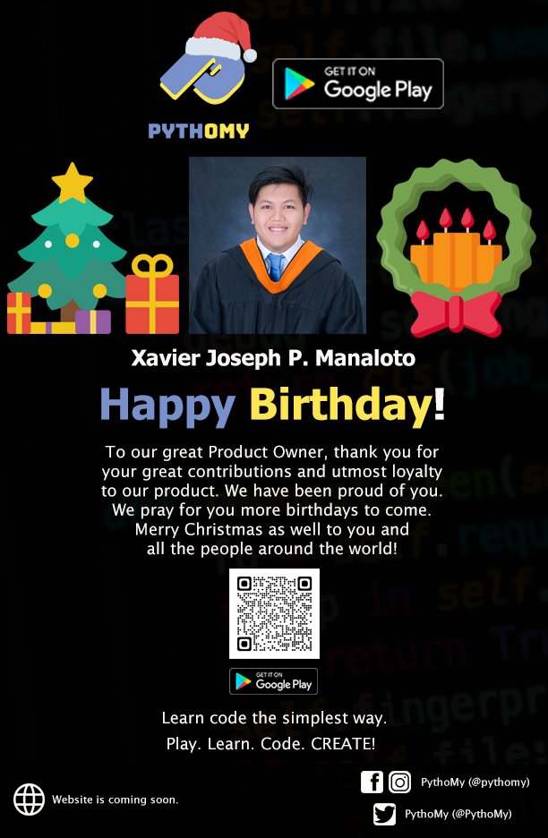 PythoMy's tweet photo. Merry Christmas to us all! Let us spread love to all esp. family, friends and communitiesππ
Happy birthday to our amazing Product Owner, @jexzm! π₯³π
#Christmas #PythoMy #Programming #Coding #Python #ProductOwner #QualityAssurance #SoftwareTesting #QualityAssuranceEngineer https://t.co/YCpz6DRuXq
