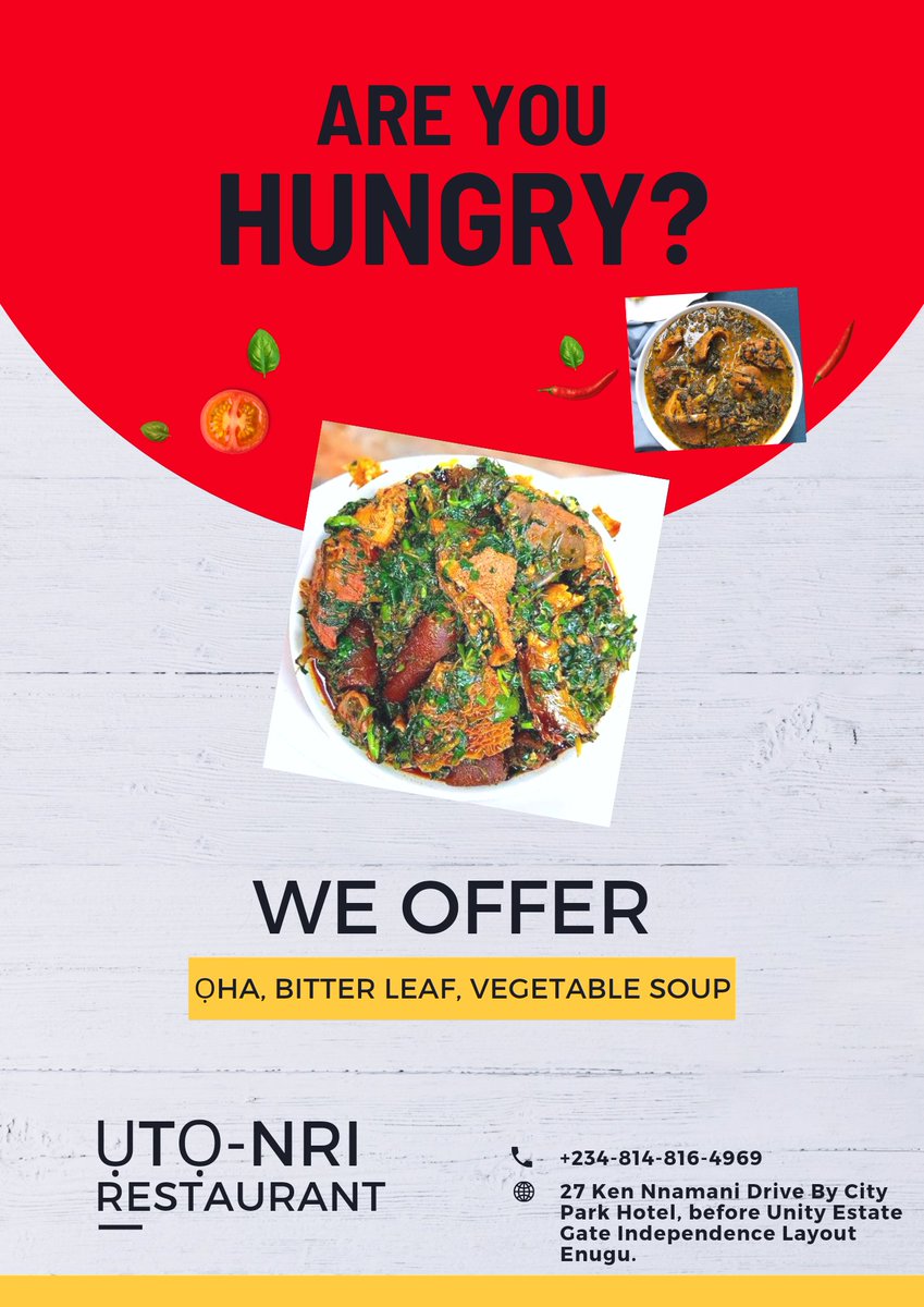nri_uto's tweet photo. We are open for business today, On our menu we have Oha, Bitter leaf soup, Nsala(white soup), Egusi, Jollof Rice and White rice and stew. Visit us at 27 Ken Nnamani Drive By City Park Hotel, before Unity Estate Gate Independence Layout Enugu. @AniebonamMira @Ujamidaize https://t.co/3uj7gdvdDI