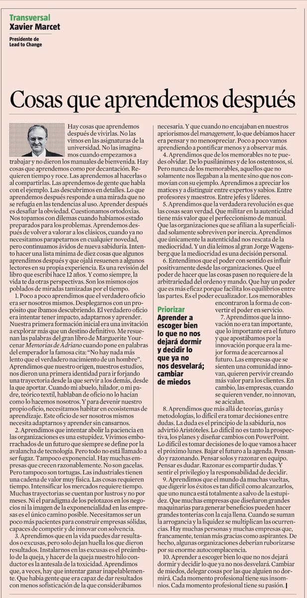 Xavier Marcet (@xaviermarcet) on Twitter photo Cosas que aprendemos después
Hay cosas que aprendemos después de vivirlas, como por decantación. Cosas que aprendemos escapando de los manuales del perfeccionismo. El Management, y la vida, están llenos de cosas que aprendemos después. Hoy en <a href="/LaVanguardia/">La Vanguardia</a> FELIZ NAVIDAD Cosas que aprendemos después
Hay cosas que aprendemos después de vivirlas, como por decantación. Cosas que aprendemos escapando de los manuales del perfeccionismo. El Management, y la vida, están llenos de cosas que aprendemos después. Hoy en <a href="/LaVanguardia/">La Vanguardia</a> FELIZ NAVIDAD