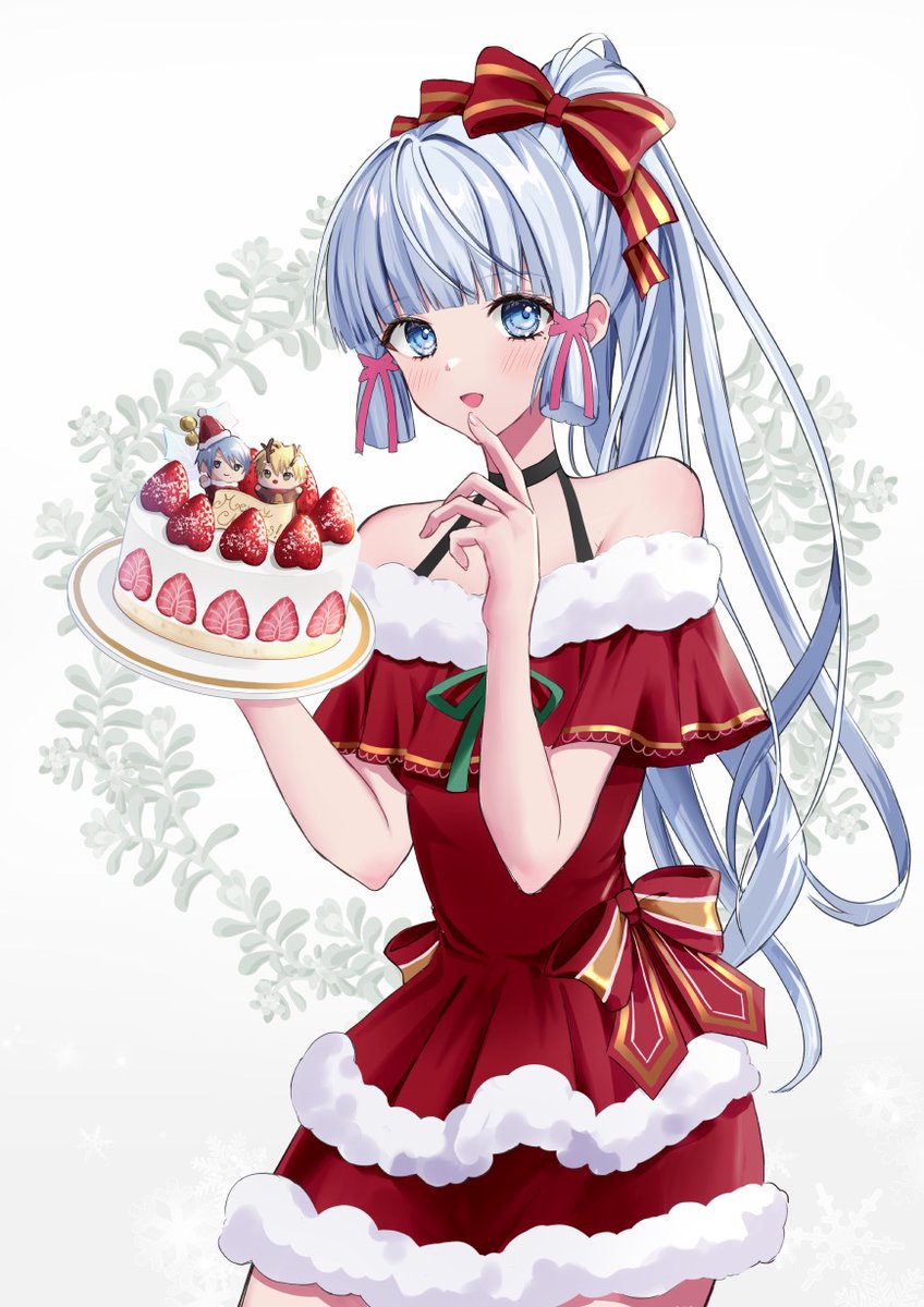 kamisato ayaka food cake strawberry blue eyes dress 1girl christmas  illustration images