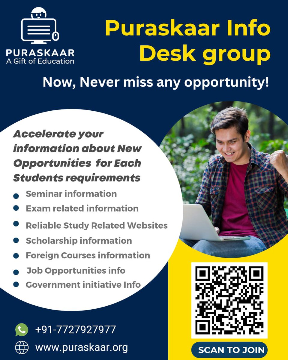 PuraskaarNGO's tweet photo. Struggling to find information and missing deadlines?
For regular updates:
https://t.co/XMThTLGjf3
For more info contact:
+91-7727927977, https://t.co/St6eBBEBO3
#Puraskaar #InfoDesk #Education #Internship2023 #Scholarships #Information #StayUpdated #JoinUs https://t.co/7L2bWggtfI