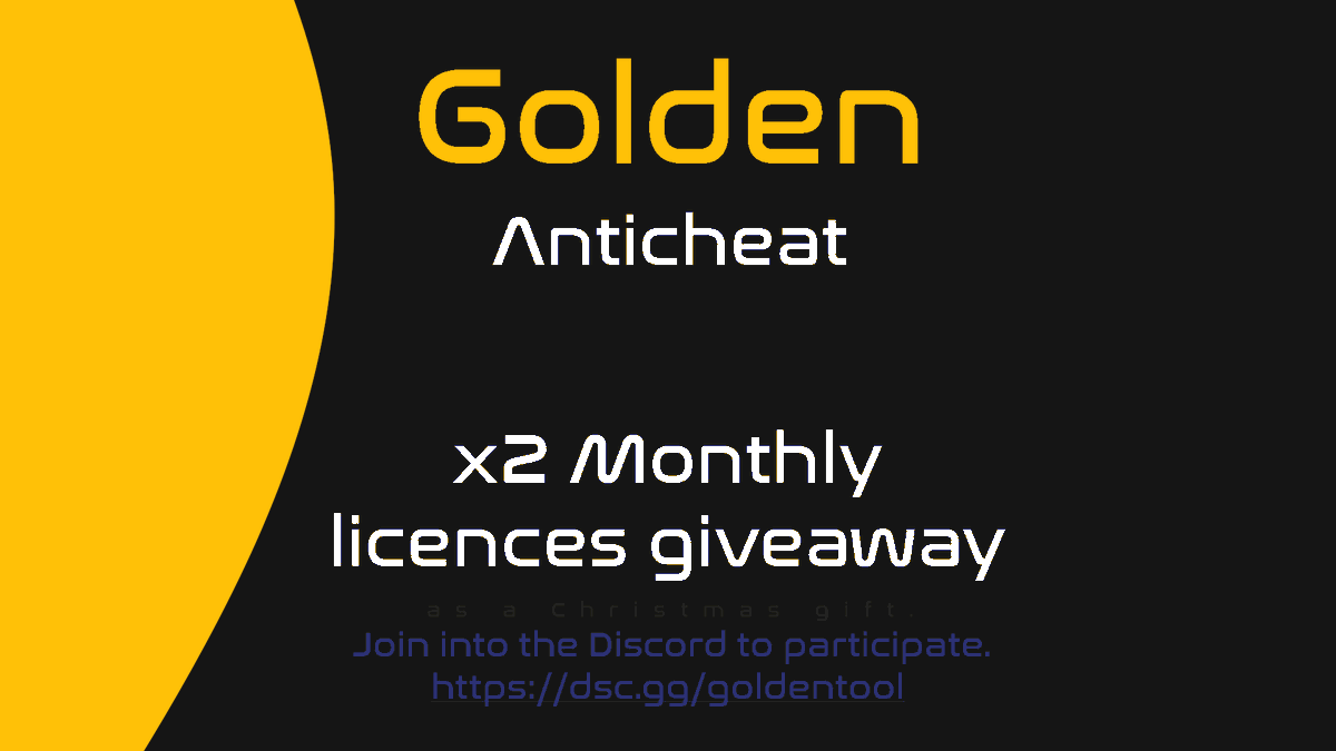 goldenanticheat's tweet image. We have released Golden update 1.1.2-STABLE and with it, our new stability check "Hypervisor".

As a Christmas present, we are doing a giveaway of 2 monthly Golden licenses, visit the discord to participate.

Discord: discord.gg/7Pug5CFJJb
