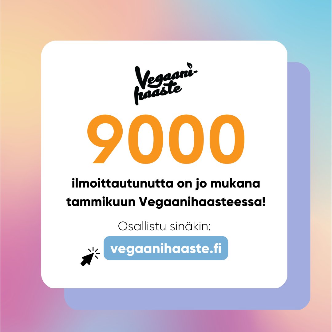 Tammikuun #Vegaanihaaste'eseen on ilmoittautunut jo yli 9 000 ihmistä! Lähde mukaan ja haasta kaverisikin! Ilmoittaudu: vegaanihaaste.fi niin saat tammikuussa päivittäin reseptejä, vinkkejä sekä paljon tietoa ja halutessasi myös tuutorin! Ja kaiken aivan ilmaiseksi!