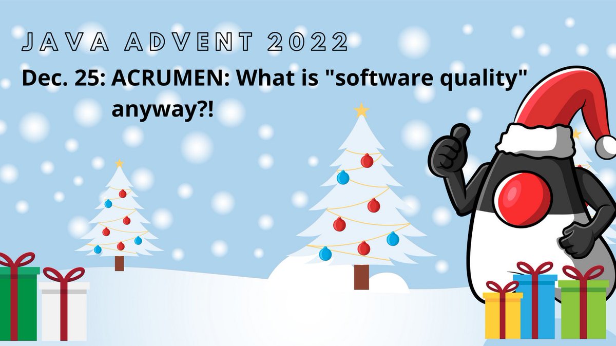 JavaAdvent's tweet image. Surprise!

We have one more article for you.

It's @davearonson's "ACRUMEN: What is 'software quality' anyway?!". So check it out right away: javaadvent.com/2022/12/acrume…

#javaadvent22
#softwarequality
#acrumen
#testing
#codeanalysis