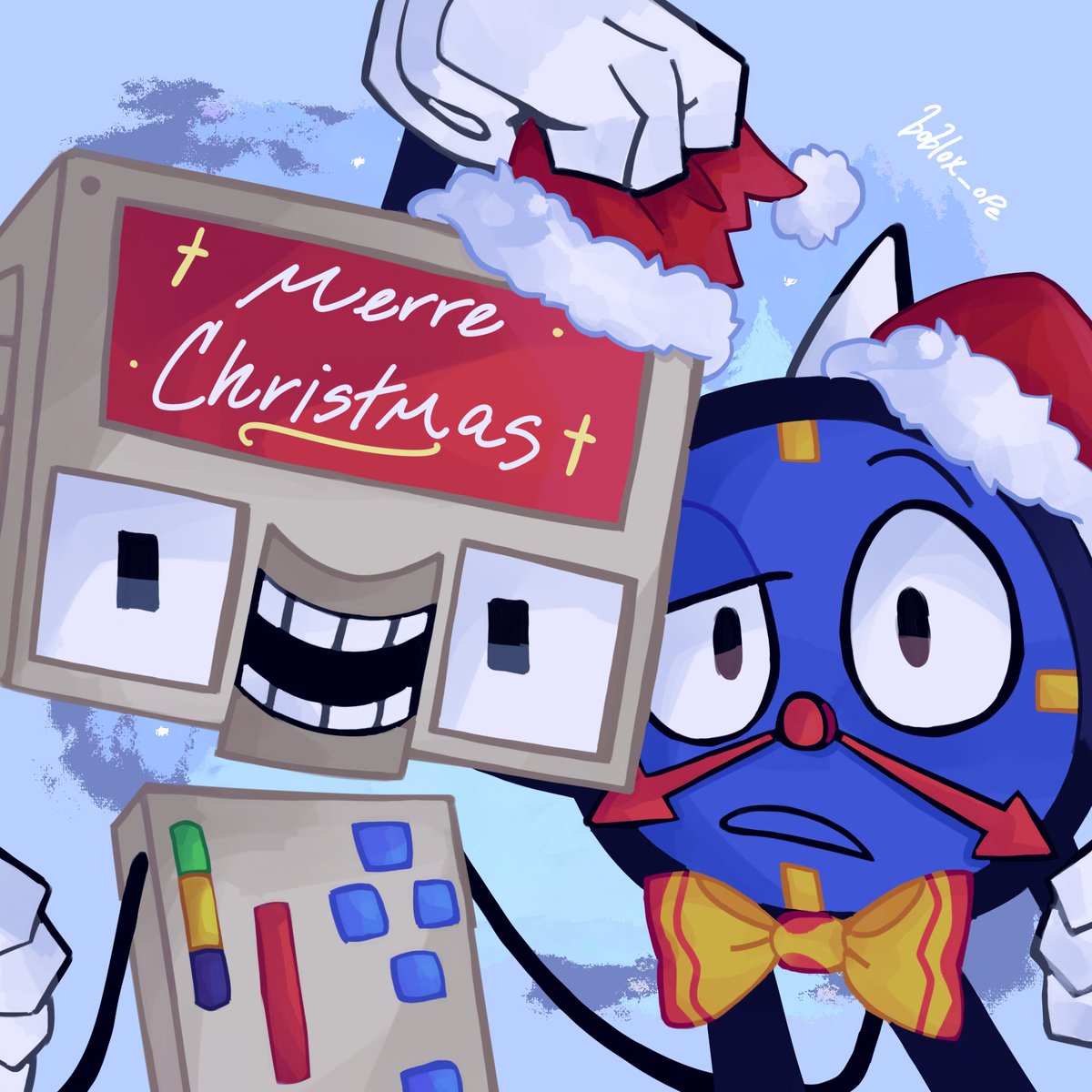 boblox_ope's tweet photo. HAVE A HOLLY JOLLY CHRISTMAS EVERYONE! Brought to you by Tony and Colin, and Mhevithi and Plastroligia ☃️💕 #DHMIS #digitaltime #clownoc #colinthecomputer #tonytheclock https://t.co/FN17ELCQQp