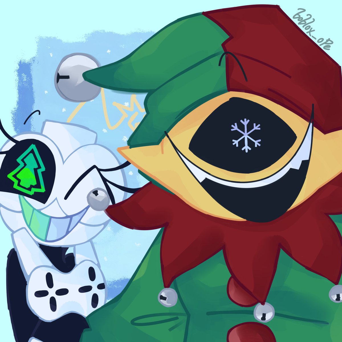 boblox_ope's tweet photo. HAVE A HOLLY JOLLY CHRISTMAS EVERYONE! Brought to you by Tony and Colin, and Mhevithi and Plastroligia ☃️💕 #DHMIS #digitaltime #clownoc #colinthecomputer #tonytheclock https://t.co/FN17ELCQQp