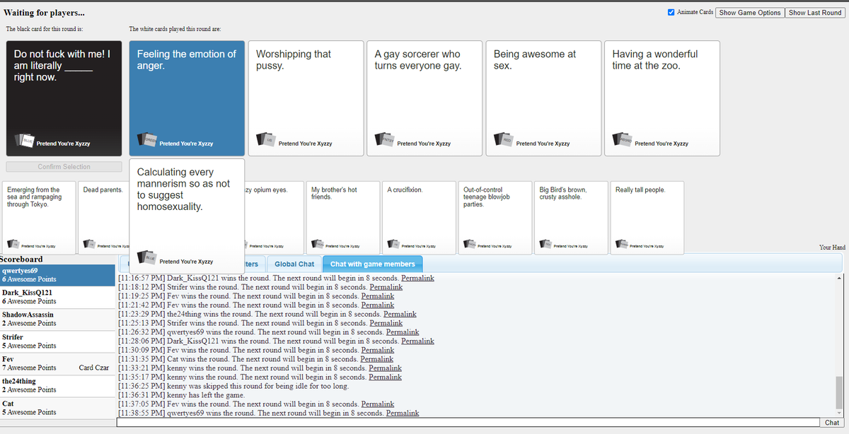 Dark_Kissq121's tweet photo. cards against humanity in the mess. fuck this shit is hilarious #DarksMess https://t.co/WEkg2pLHkh